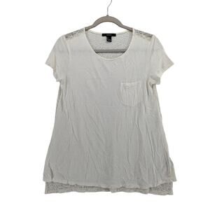 Forever‎ 21 Lace Back Blouse S Cream Crew Neck Short Sleeve Romantic Staple Work